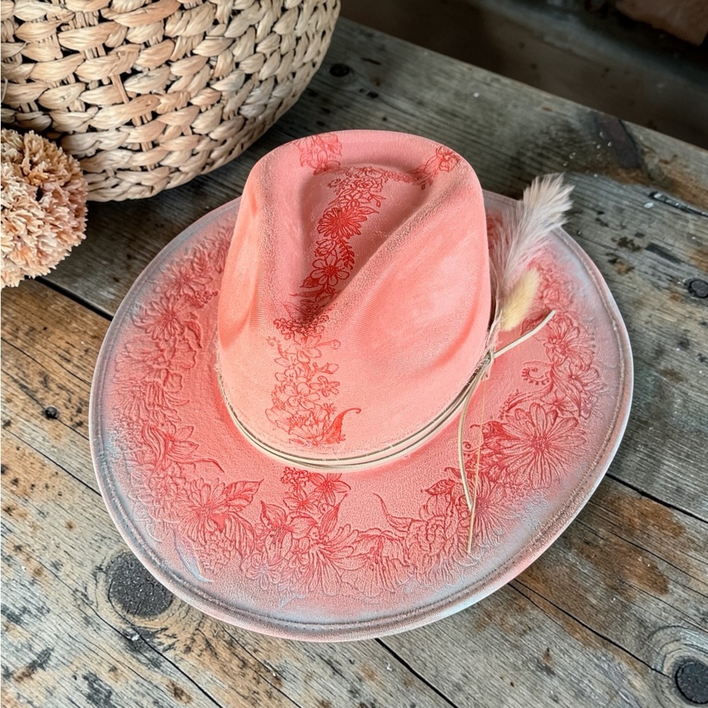 Handmade Coral Western Hat with Paisley Trim peace sign